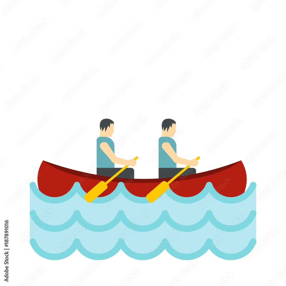 Canoe with two athletes icon, flat style Canoe with two athletes icon, flat style