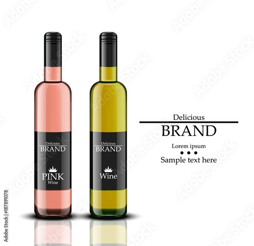 Wine bottles Vector realistic. White and rose drinks. Product packaging label...