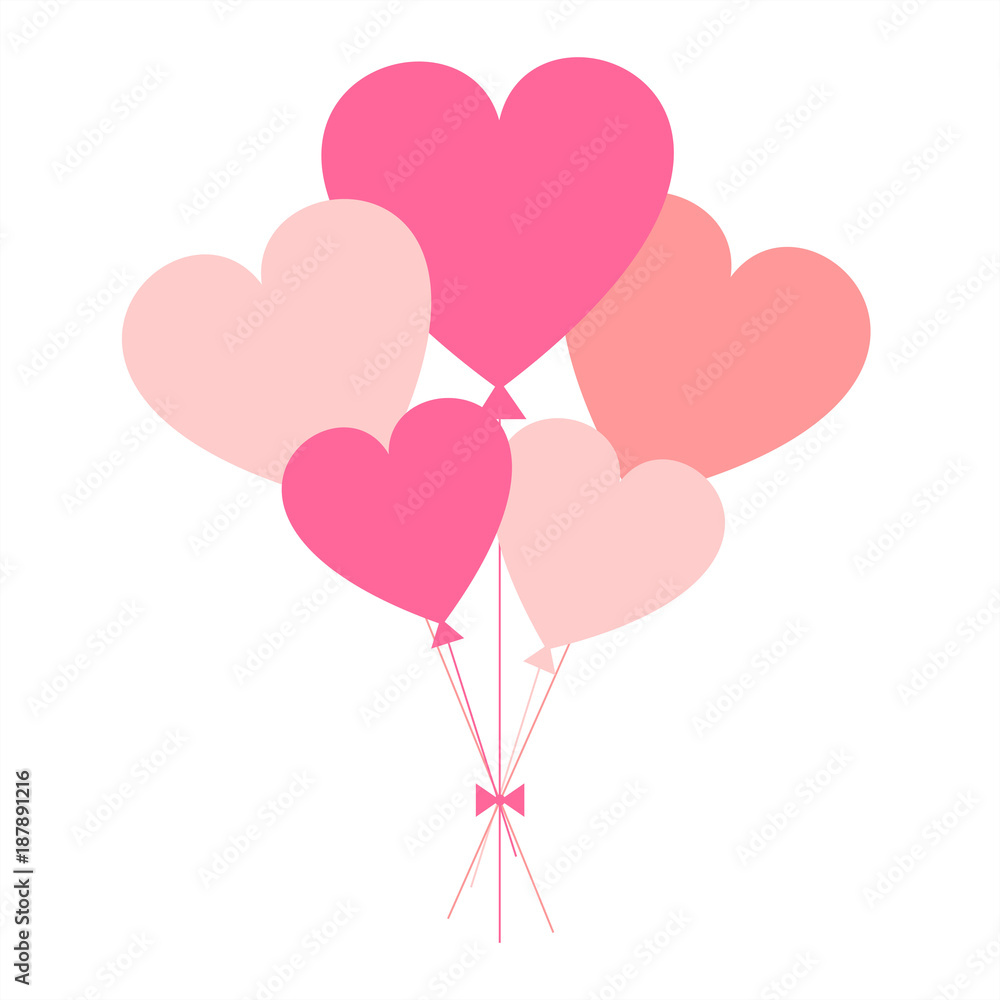Pink hearts as balloons on white background. Vector illustration for valentine's day.