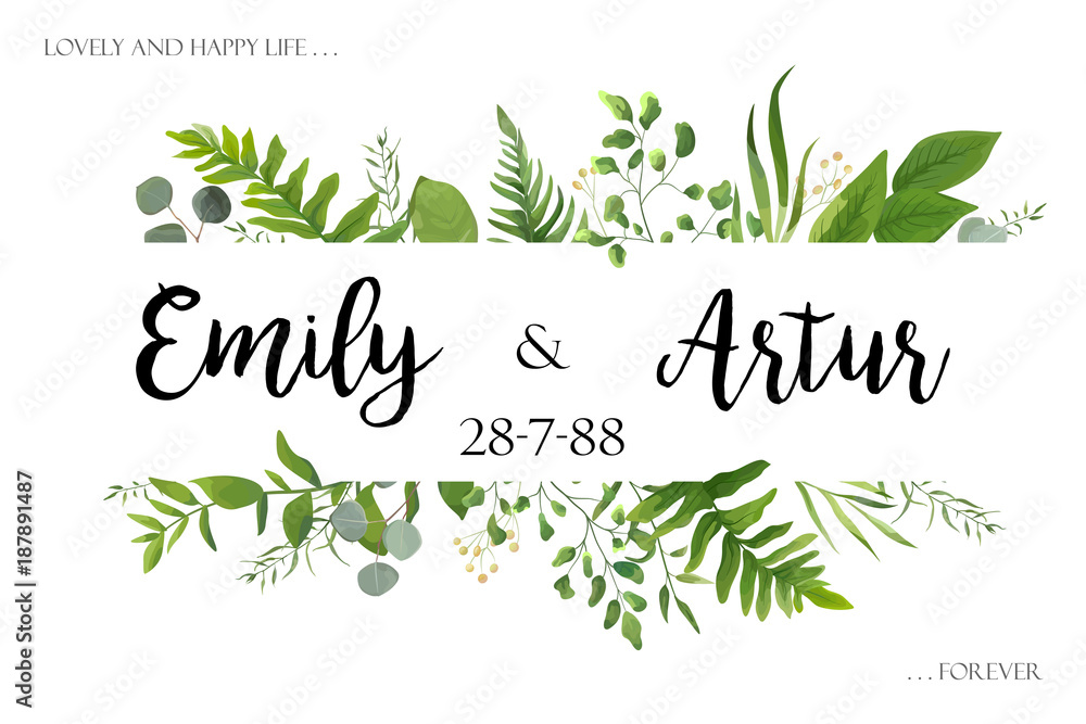 Wedding invite invitation card vector floral greenery design: Forest fern frond, Eucalyptus branch green leaves foliage herb greenery, berry frame, border. Poster, greeting Watercolor art illustration