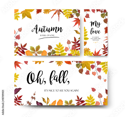 Vector floral watercolor style card design Autumn season border frame set: colorful orange yellow burgundy red fall tree leaf, branch. Postcard, party banner poster wedding invite, menu card template