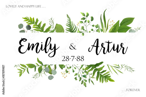 Wedding invite invitation card vector floral greenery design: Forest fern frond, Eucalyptus branch green leaves foliage herb greenery, berry frame, border. Poster, greeting Watercolor art illustration
