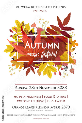 Autumn season party festival invite poster banner Vector watercolor style card design  border frame: colorful orange yellow orange red fall leaves forest maple oak tree berries.  Decorative copy space