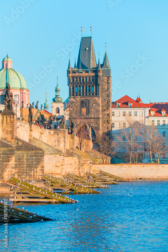 Prague Castle and Charles Bridge, Prague, Czech Republic, Vltava river in foreground
