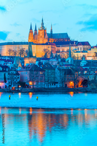 Photography Prague Castle and Charles Bridge, Prague, Czech Republic, Vltava river in foregr