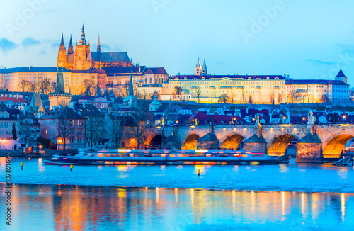 Prague Castle and Charles Bridge, Prague, Czech Republic, Vltava river in foreground