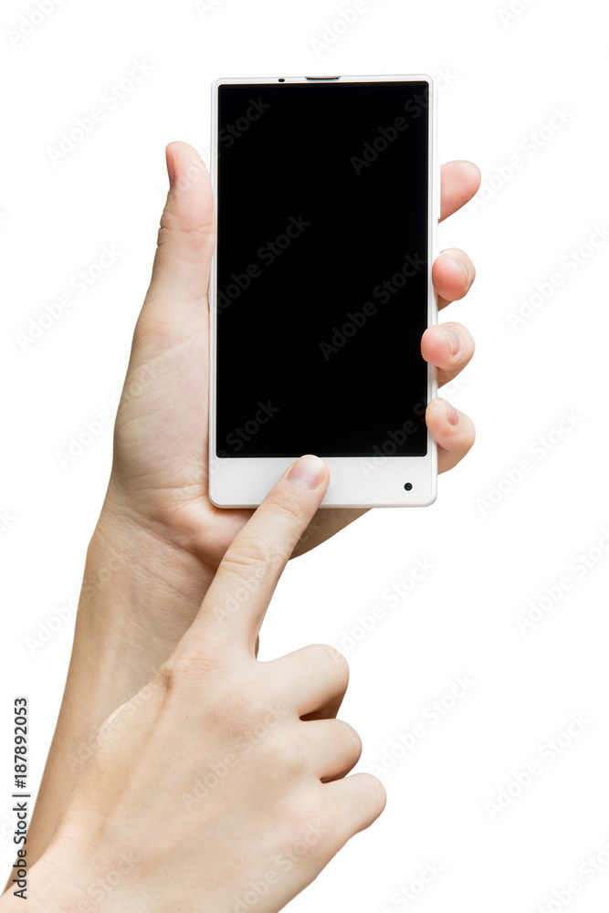 Hand holding white bezelless smartphone with blank screen on white background Hand holding white bezelless smartphone with blank screen on white background