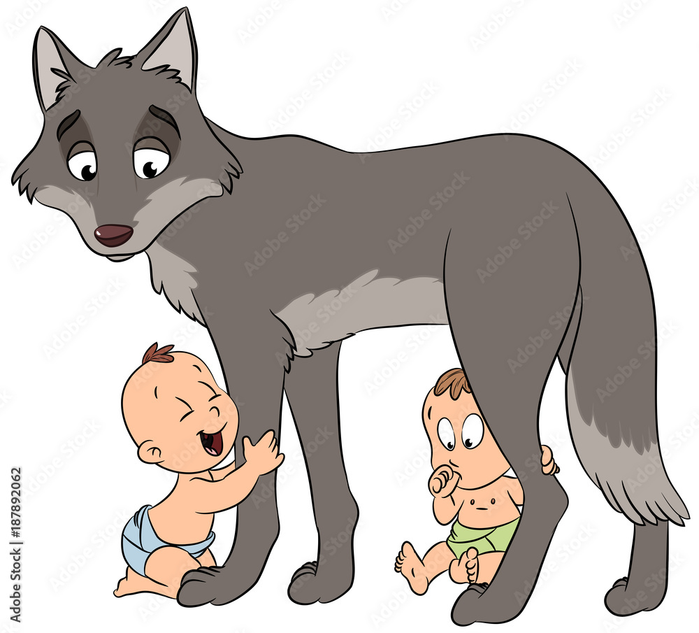 Naklejka premium Romulus i Remus z wilkiem - ilustracji wektorowych