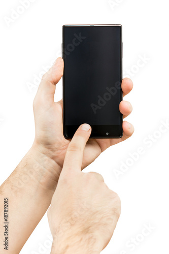 Hand holding black bezelless smartphone with blank screen on white background