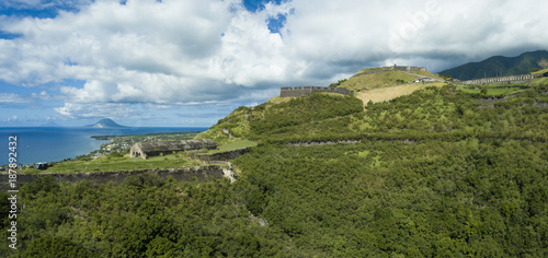 Aerial panoramic view of Brimstone Fortress, a landmark on St Kitts.