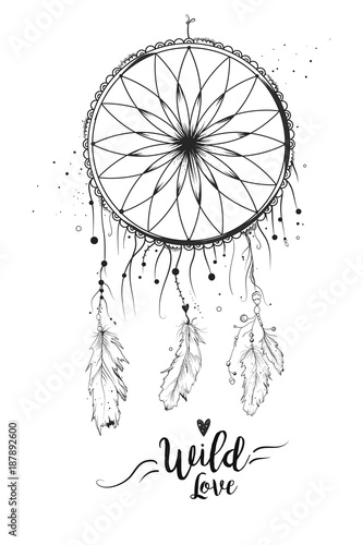 Dreamcatcher with bird feather beads lace & dots. Hand drawn beautiful design isolated white background. Boho tribal, indian dream catcher. Black gray graphic vector hipster style illustration element