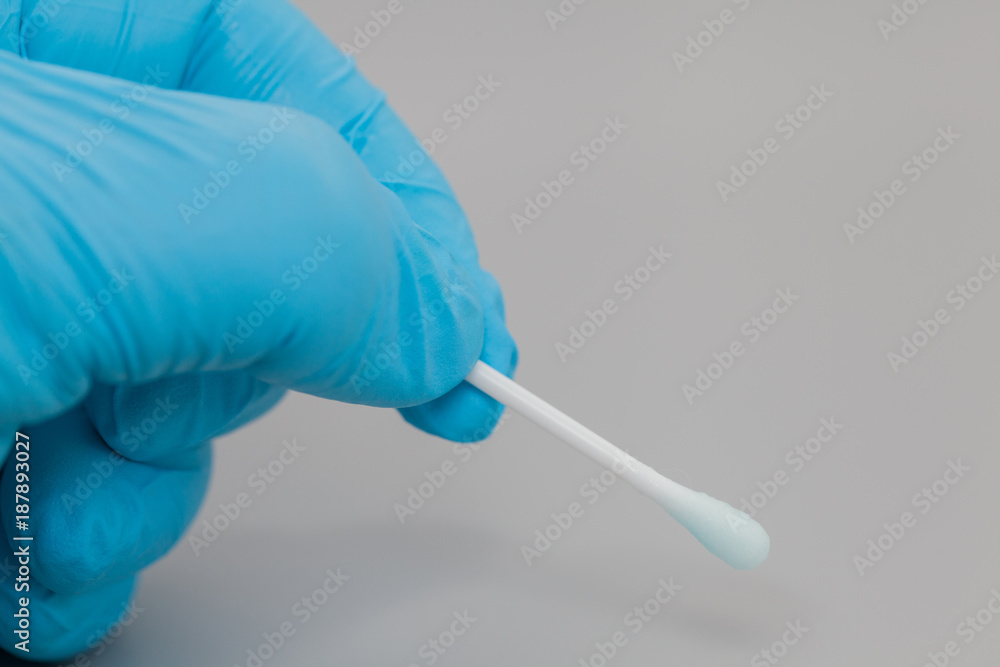 Hand in blue glove holding tweezers with a cotton bud Hand in blue glove holding tweezers with a cotton bud