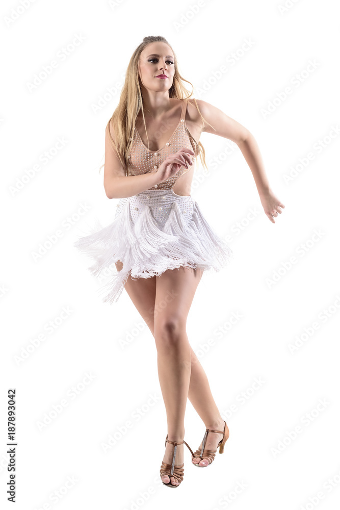 Backlit confident professional woman dancer dancing in dress and looking away. Full body length portrait isolated on white background. 