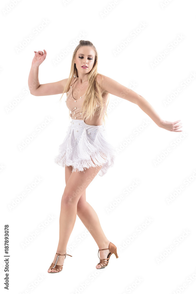 Graceful elegant feminine woman dancing in professional outfit looking down. Full body length portrait isolated on white studio background. Graceful elegant feminine woman dancing in professional outfit looking down. Full body length portrait isolated on white studio background.