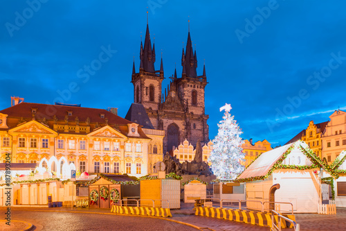 Christmas tree in magical city of Prague at night, Czech Republic "Elements of this image furnished by NASA "