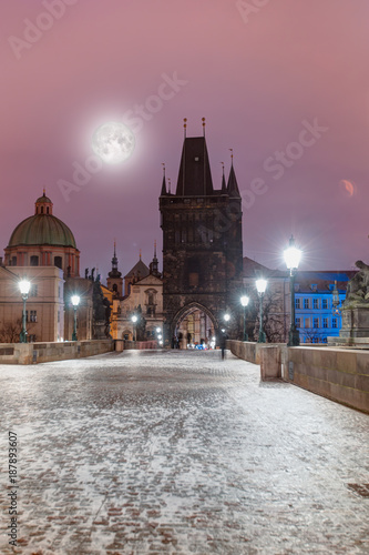 Prague Castle and Charles Bridge, Prague, Czech Republic, Vltava river in foreground