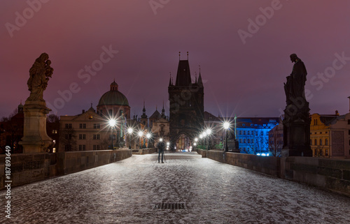 Photography Prague Castle and Charles Bridge, Prague, Czech Republic, Vltava river in foregr