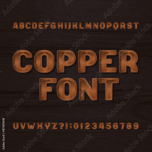 Copper metal typeface. Retro alphabet font. Metallic letters and numbers on a dark rough background. Stock vector vintage typeset for your headers or any typography design.