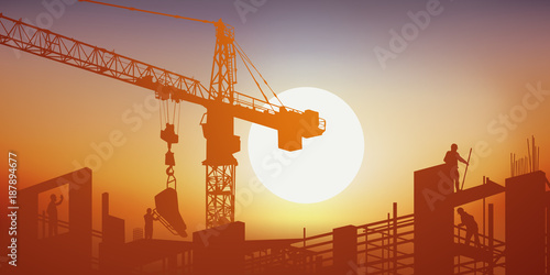 chantier - BTP - grue - construction - bâtiment - construire - ouvrier - béton - concept - travaux publics