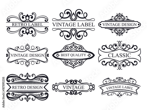 Set of vintage calligraphic labels. Ornate logo templates for design of invitations, greeting cards, banners, posters, placards, badges, hotel, restaurant and business identity. 