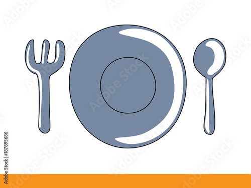 Plate, spoon and fork on white background