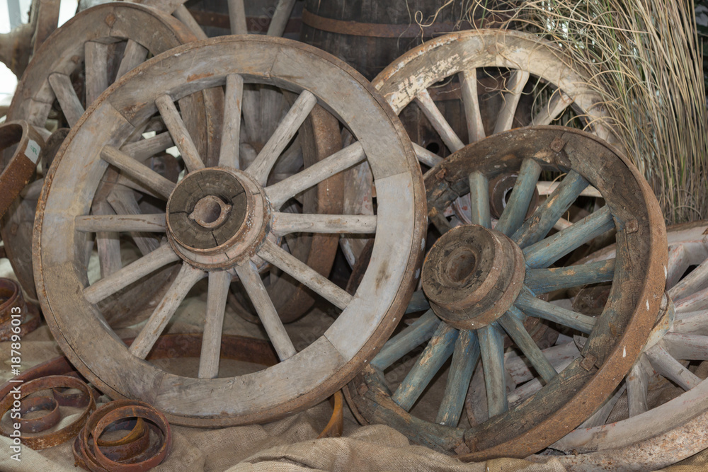 Group of Antique Wooden Chariot s Wheels