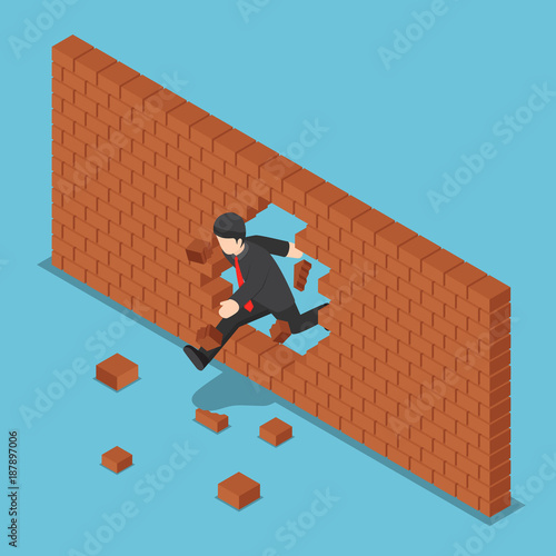 Isometric businessman breaking through brick wall.
