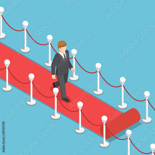Isometric businessman walking on red carpet.