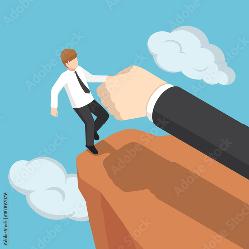 Isometric big hand help businessman not to fall off the cliff.