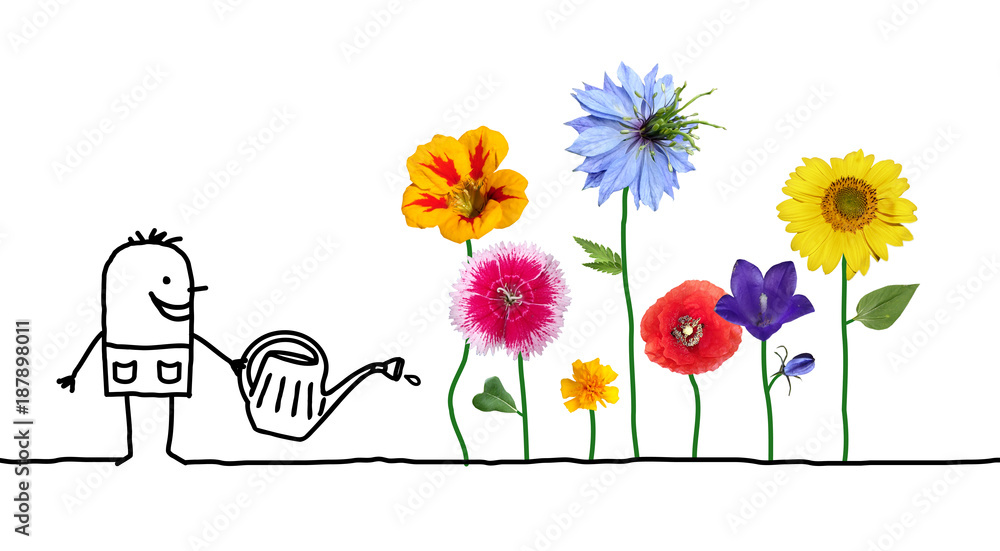 Obraz Kreskówka ogrodnik podlewanie kwiatów