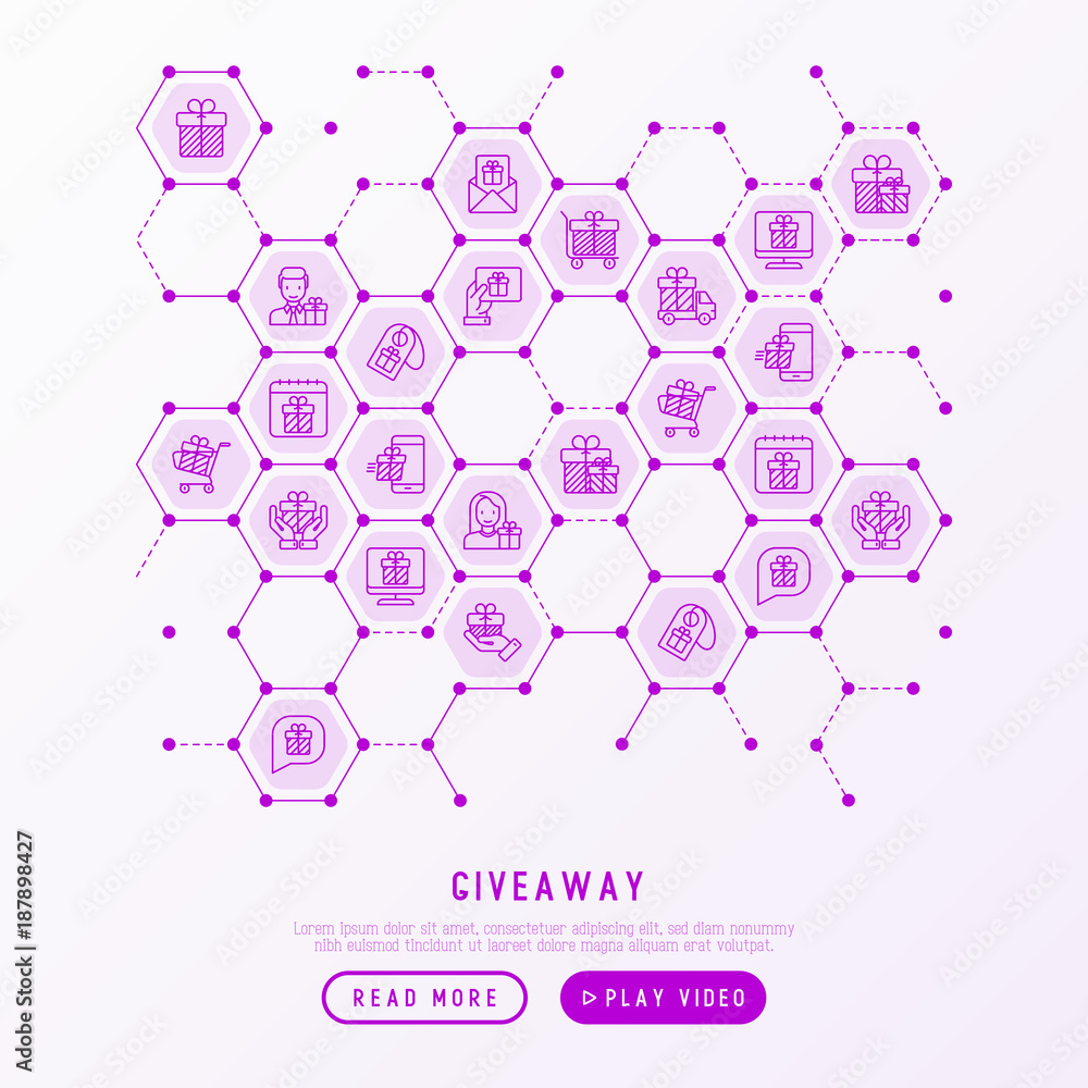 Giveaway or gifts concept in honeycombs with thin line icons set: present in hand, trolley, cart, truck, envelope. Modern vector illustration, web page template. Giveaway or gifts concept in honeycombs with thin line icons set: present in hand, trolley, cart, truck, envelope. Modern vector illustration, web page template.