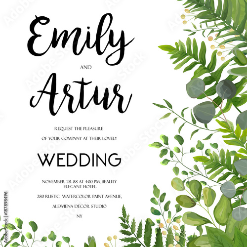 Wedding Invitation, floral invite card Design with green fern leaves elegant greenery, berry, eucalyptus forest bouquet corner frame, border print. Vector garden anniversary cute illustration template