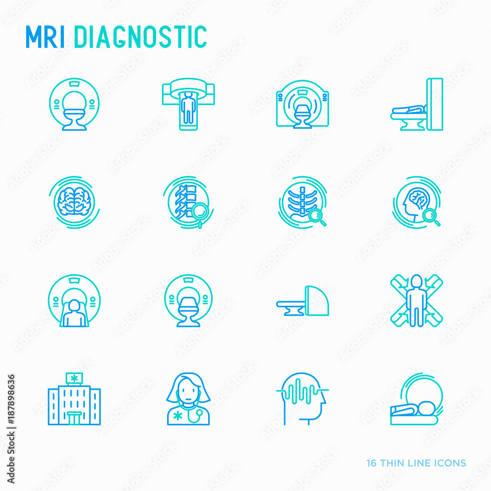 MRI diagnostics thin line icons set. Modern vector illustration of laboratory equipment.
