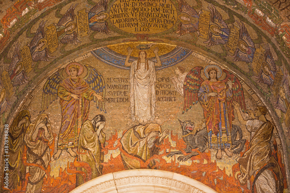 LONDON, GREAT BRITAIN - SEPTEMBER 17, 2017: The mosaic of symbolic last judgment  in Westminster cathedral designed by Clayton & Bell (begin of 20. cent.).