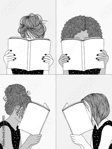 Hand drawn illustrations of girls reading, hiding their faces behind their books - empty books to add your own text