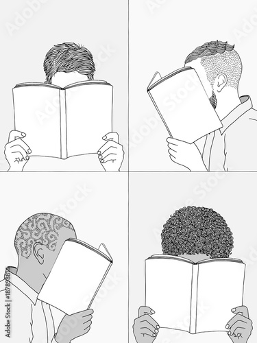 Hand drawn illustrations of men reading, hiding their faces behind their books - empty books to add your own text