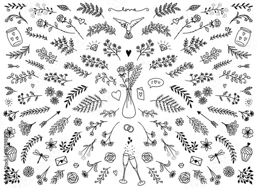 Hand sketched floral design elements for Valentine's Day or weddings, flowers and leaves for text decoration
