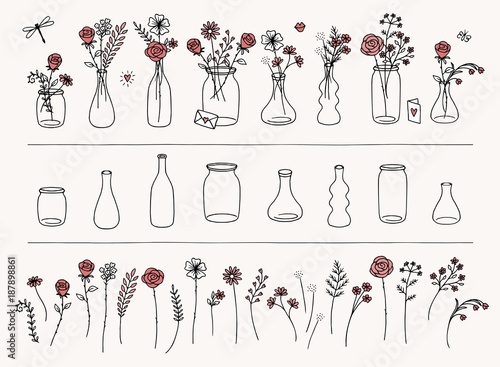 Set of hand drawn flowers and vases for Valentine's Day