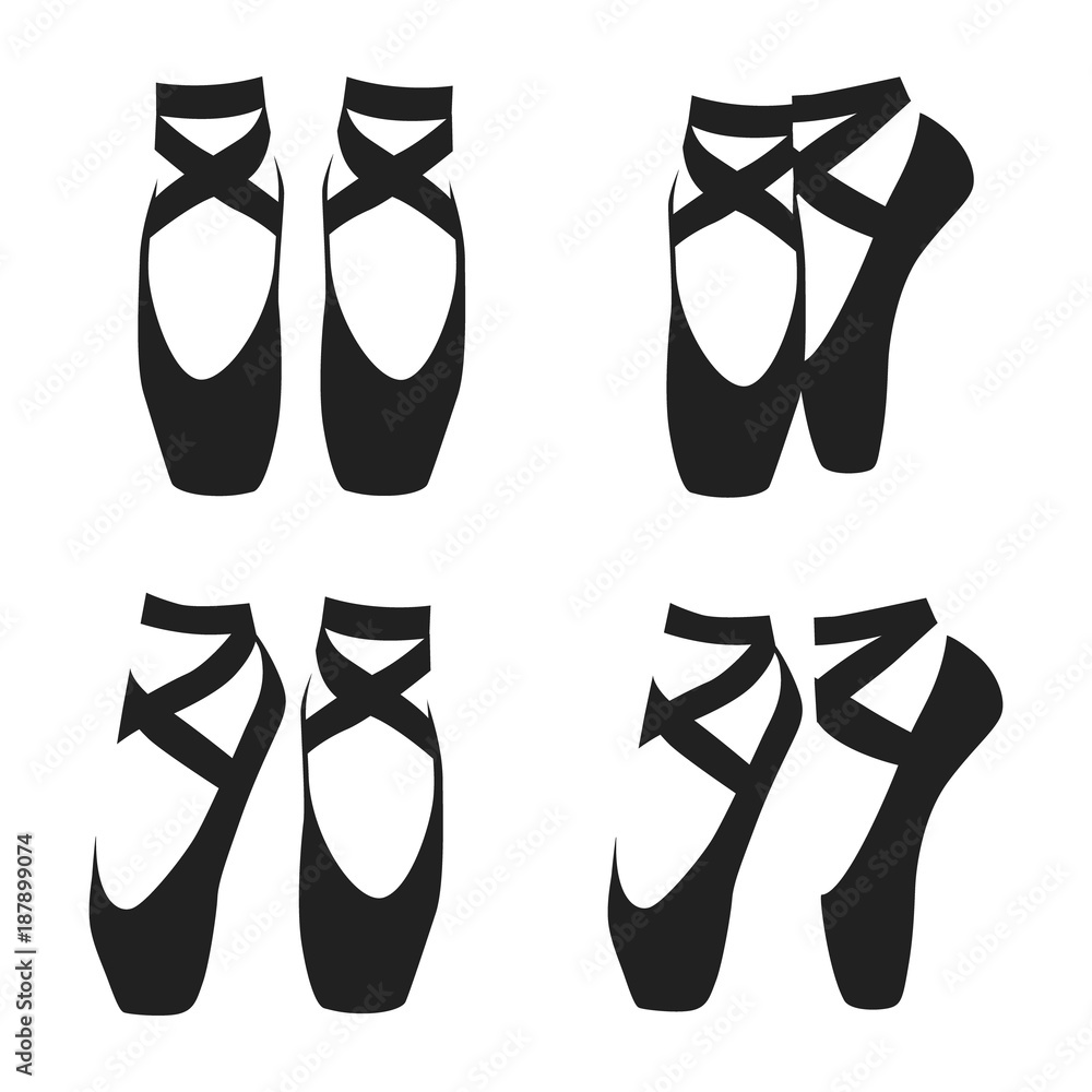 Vector black silhouette set of ballet shoes in classic positions isolated  on white background Stock Vector | Adobe Stock