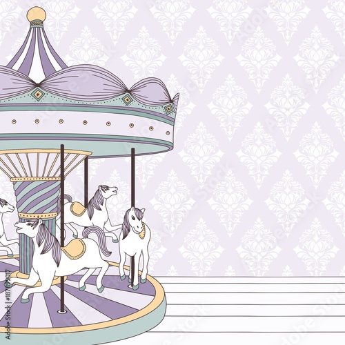 Hand drawn illustration of a carousel with horses and damask background
