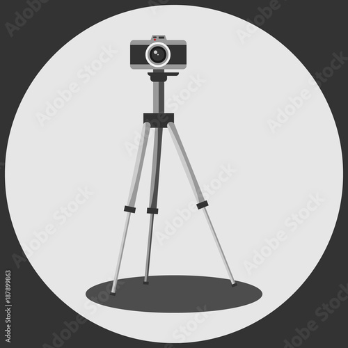 Camera on a tripod, vector illustration, banner. Studio objects.