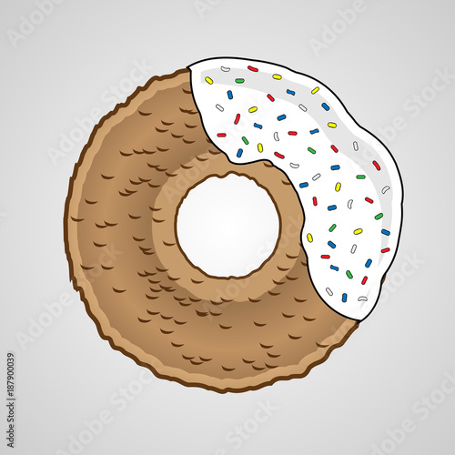 Sweet donut with white cream. Delicious yeast round donut, sprinkled with sweet powder.
