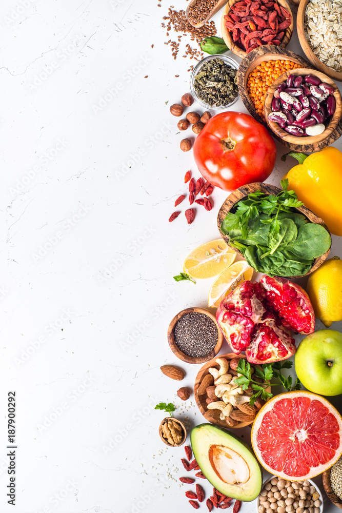 Balanced diet food background. Vegan food healthy nutrition. Superfoods.  Stock Photo | Adobe Stock