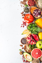 Balanced diet food background. Vegan food healthy nutrition. Superfoods.
