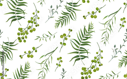 Palm fern different tree foliage natural branches with green leaves seeds berries tropical seamless pattern, watercolor style. Vector decorative beautiful cute elegant illustration on white background
