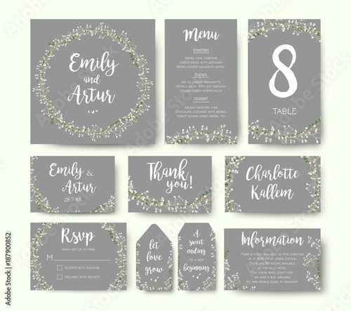 Tableau sur toile Wedding floral invitation invite flower card silver gray design: garden Baby's breath Gypsophila tiny flower wreath romantic rsvp, menu, label, thank you cards