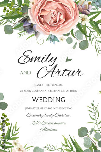 Wedding Invitation, invite save the date floral card vector Design: garden lavender pink peach Rose Succulent wax green palm leaves elegant greenery eucalyptus forest bouquet wreath frame border print