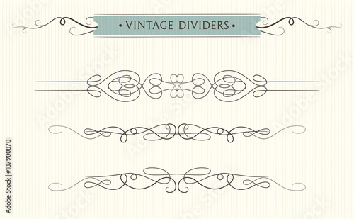 Vector hand drawn flourishes, text divider, graphic design element set. Designer art vintage border Wedding invitation card, page decoration. Calligraphyб lovely delicate swirls, victorian style motif