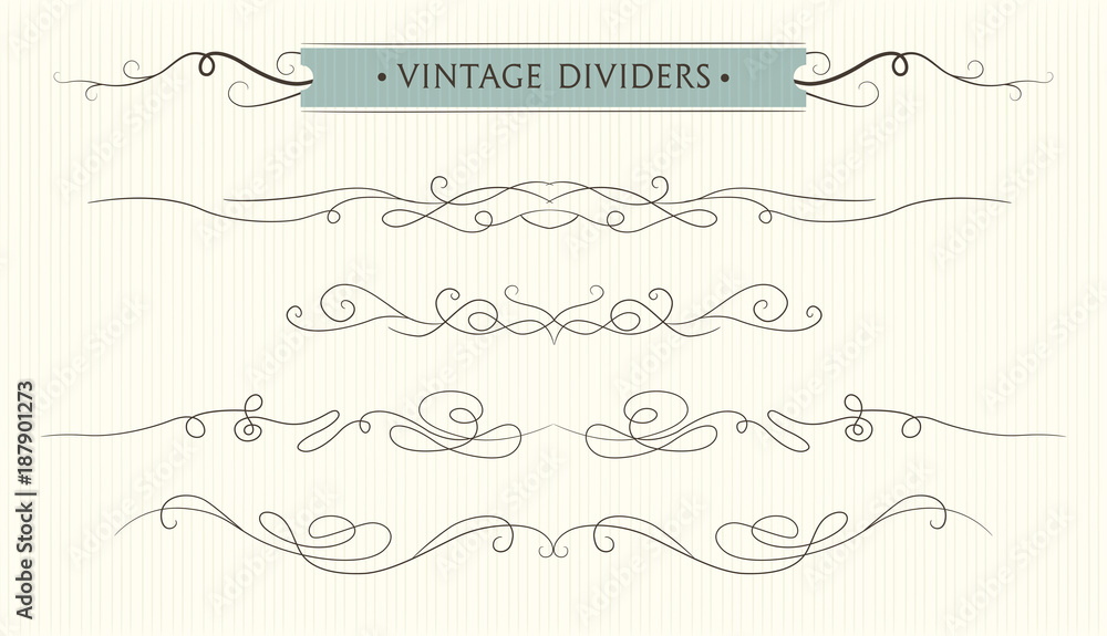 Vector hand drawn flourishes, text divider, graphic design element set. Designer art vintage border Wedding invitation card page decoration. Calligraphy, tender swirls, vintage elegant style motif Vector hand drawn flourishes, text divider, graphic design element set. Designer art vintage border Wedding invitation card page decoration. Calligraphy, tender swirls, vintage elegant style motif