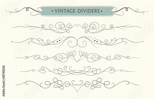 Vector hand drawn flourishes, text divider, graphic design element set. Designer art vintage border Wedding invitation card page decoration. Calligraphy, delicate swirls, vintage victorian style motif